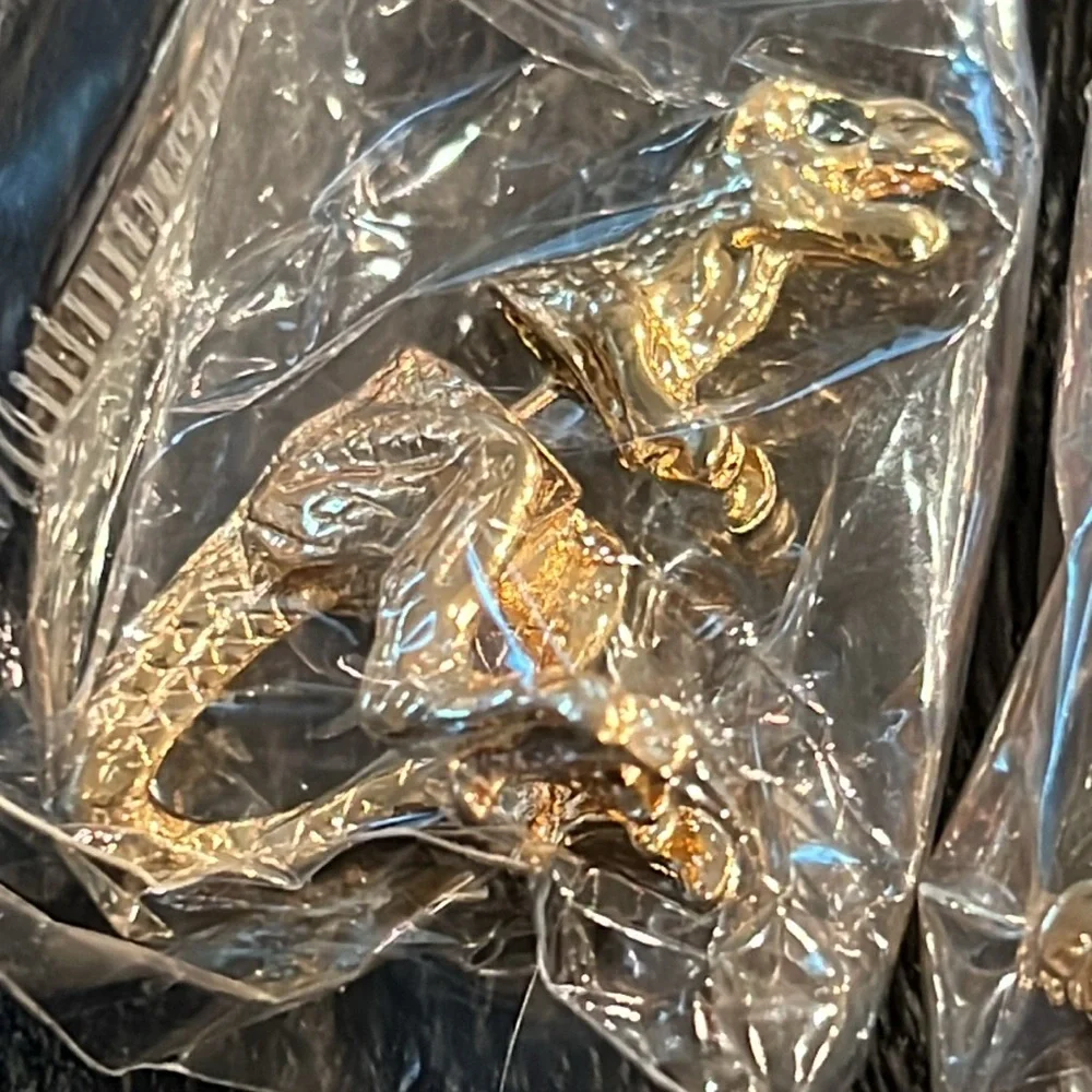 Gold T-Rex Earrings w/Faux Emerald Eyes - New - Picture 4 of 6